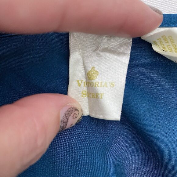 VTG Victorias Secret Long Satin Slip Dress Side Slit Lace Womens L Green Blue - Picture 4 of 9